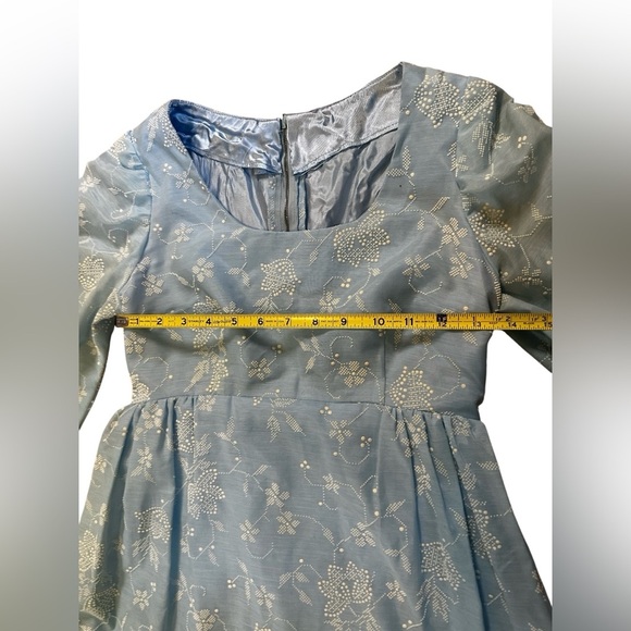 VTG 60s Handmade Blue/White Raised Design Women’s Lantern Sleeve Empire Waist XS - Picture 11 of 14